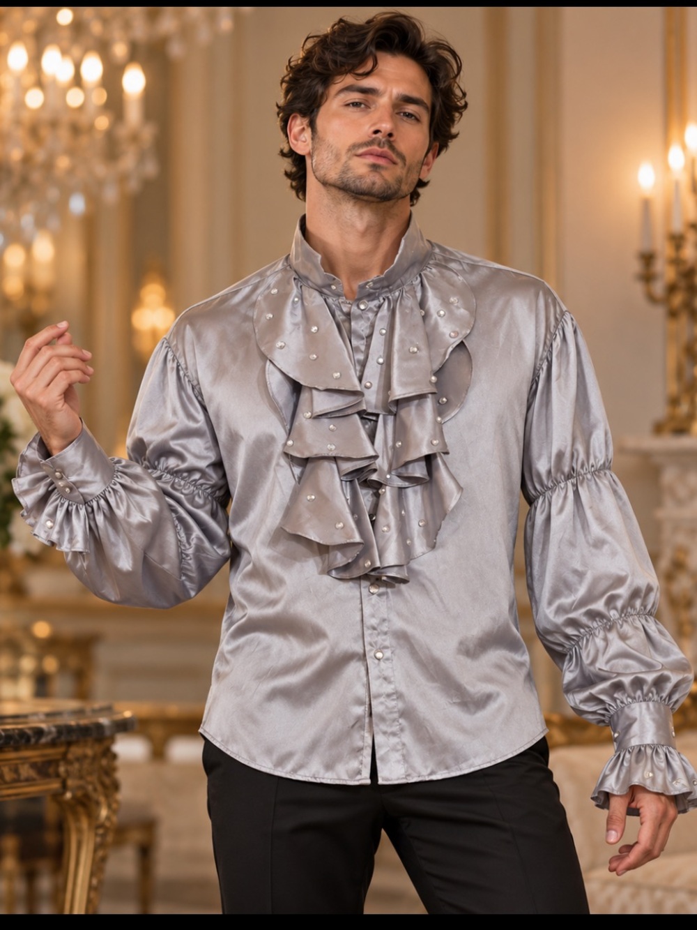 VTG International Male Silver Satin Ruffle Formal Shirt Flamboyant Goth Romantic